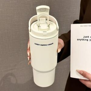 Large capacity 316 stainless steel thermos cup, stylish design, cartoon handle, keeps drinks cold, portable, suitable for outdoor use and cars.