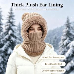 Women's cross-border knitted hat, autumn and winter warm and cold-proof, ear-protecting, fleece-lined, thickened hat, cycling scarf, neck warmer, mask all-in-one hat