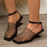 women's high-heeled sandals, new Chinese retro style, woven hollow square toe wedge heel, height increase.