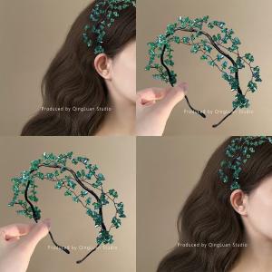 Korean style sweet green crystal headband, super fairy-like, fresh, retro, exquisite woven beaded hair accessory.