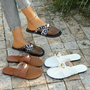 Mary Jane mesh breathable flat slippers for export women, with closed toe and breathable fishnet design.