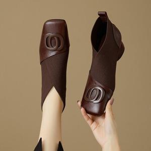 French retro square toe V-neck single shoes for women
