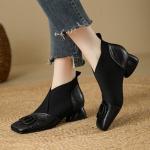 French retro square toe V-neck single shoes for women