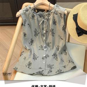 French-style commuter women's summer dress, linen with artistic floral print, petal collar, sleeveless tie-front blouse.