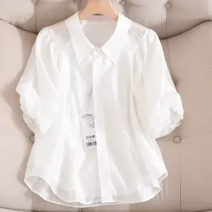 New Women's Chic French Elegance Puff Sleeve Top, White Short-