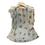 French-style commuter women's summer dress, linen with artistic floral print, petal collar, sleeveless tie-front blouse.