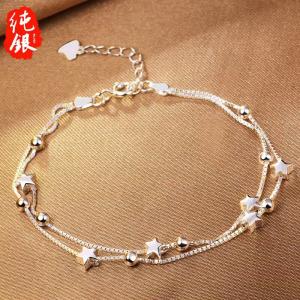 v925 Silver-Plated Small Star Bracelet for Women, Korean Style Fashion Double-Layered Five-Pointed Star Jewelry, Simple and Sweet for Best Friends, Fresh and Delicate