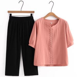 Middle-Aged Women's Summer Outfit, Short-Sleeve T-Shirt, Pure Cotton, Cotton-Linen Blend, Stylish Casual Two-Piece Set for Middle-Aged and Elderly Women, Thin