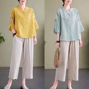 New Middle-Aged and Elderly Mother's Cotton and Linen Suit Women's Summer Dress Grandma's Literary Ethnic Style Embroidered Two-Piece Set