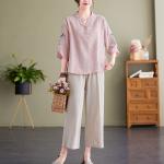 New Middle-Aged and Elderly Mother's Cotton and Linen Suit Women's Summer Dress Grandma's Literary Ethnic Style Embroidered Two-Piece Set